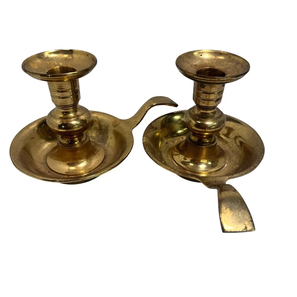 Brass Chamberstick Taper Candle Holders with Finger Loops Set of 2 vintage